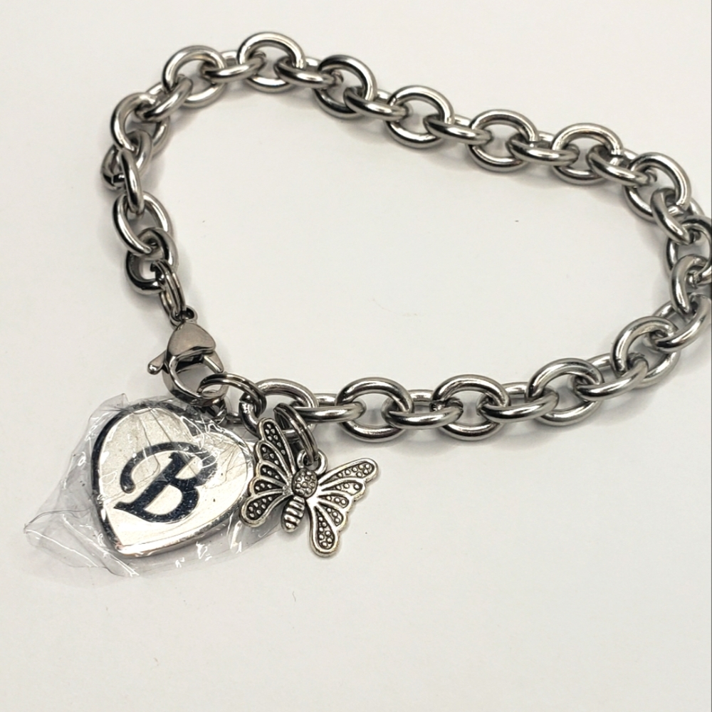 Silver Tone Chain Link Bracelet with Initial "B" and Butterfly Charm